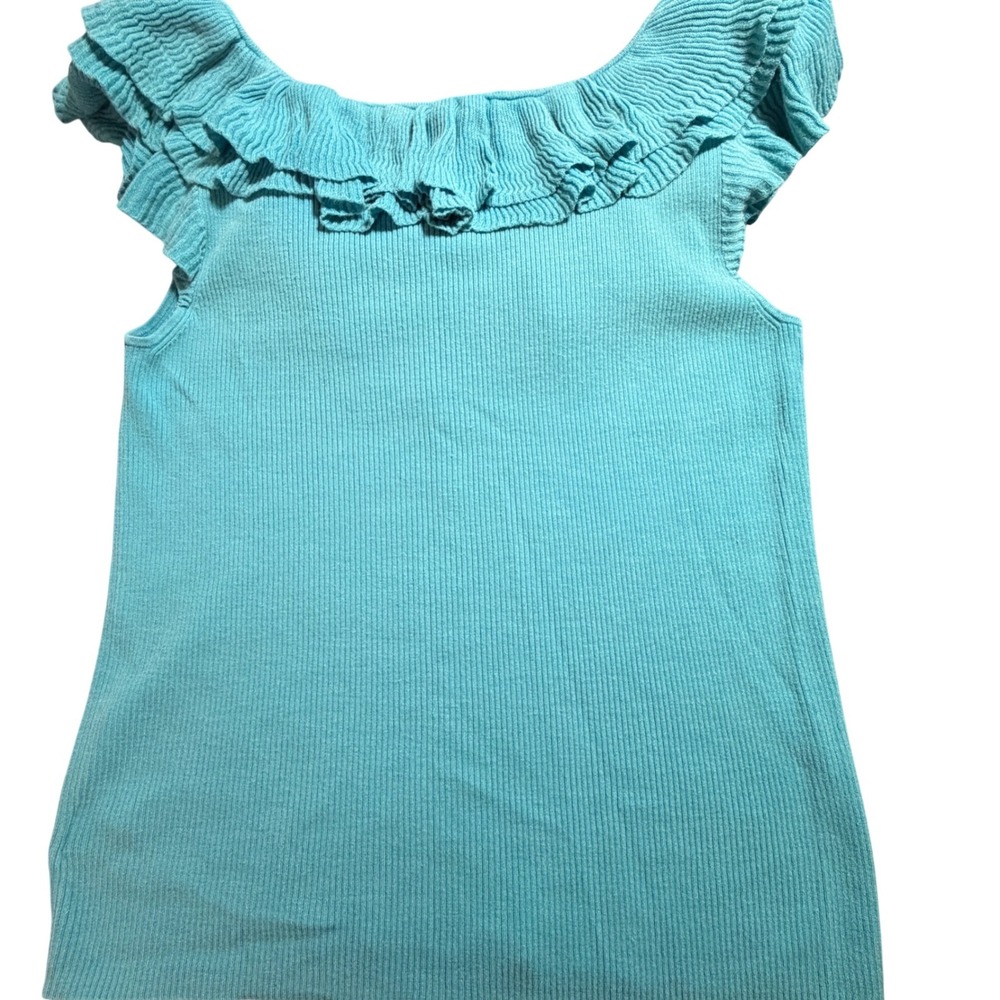 Lauren Ralph Lauren Silk Blend Ruffle Neck Ribbed Knit Top Turquoise Blue Large - Picture 7 of 8